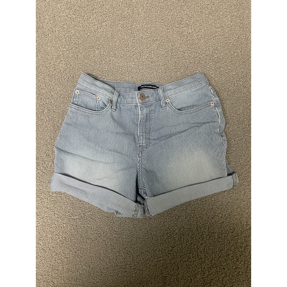 Calvin Klein Jeans High Rise Cuffed Shorts Striped Blue Womens Sz 6 Stretch